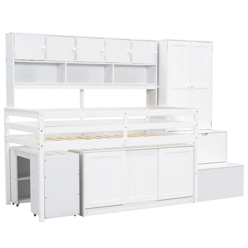 Nestfair Twin Size Wooden Loft Bed Big Storage with Under-bed Desk