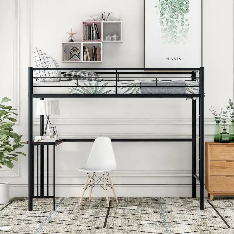 Twin Metal Loft Bed with Desk, Ladder and Guardrails