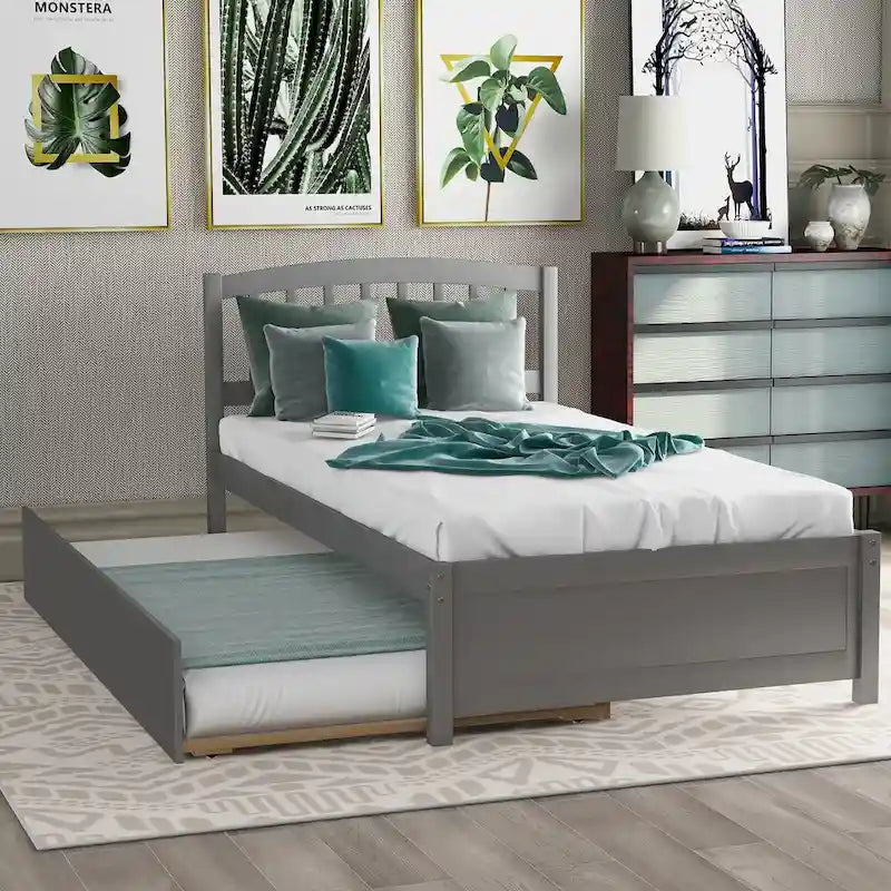 Elegant Twin Wood Platform Bed with Trundle