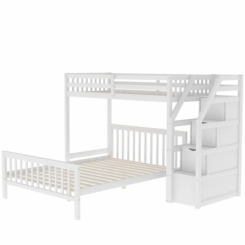 Twin Over Full Loft Beds, Bunk Beds Twin Over Full with Stairway and Storage, Full-Length Guardrail