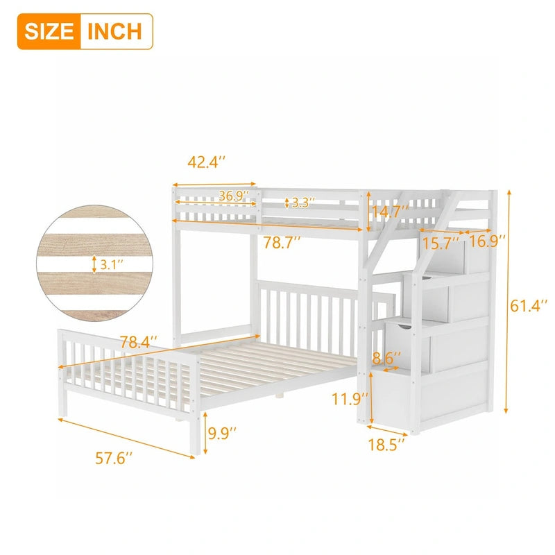 Twin Over Full Loft Beds, Bunk Beds Twin Over Full with Stairway and Storage, Full-Length Guardrail