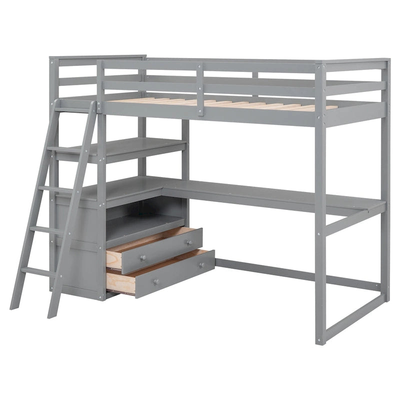 Loft Bed with Desk and Shelves, 2 Built-In Drawers