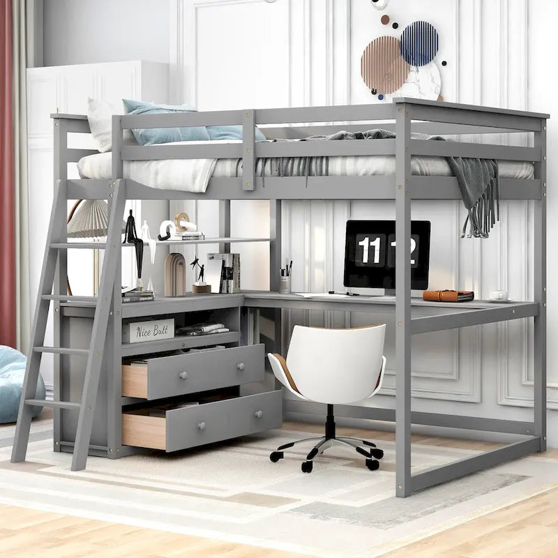 Loft Bed with Desk and Shelves, 2 Built-In Drawers