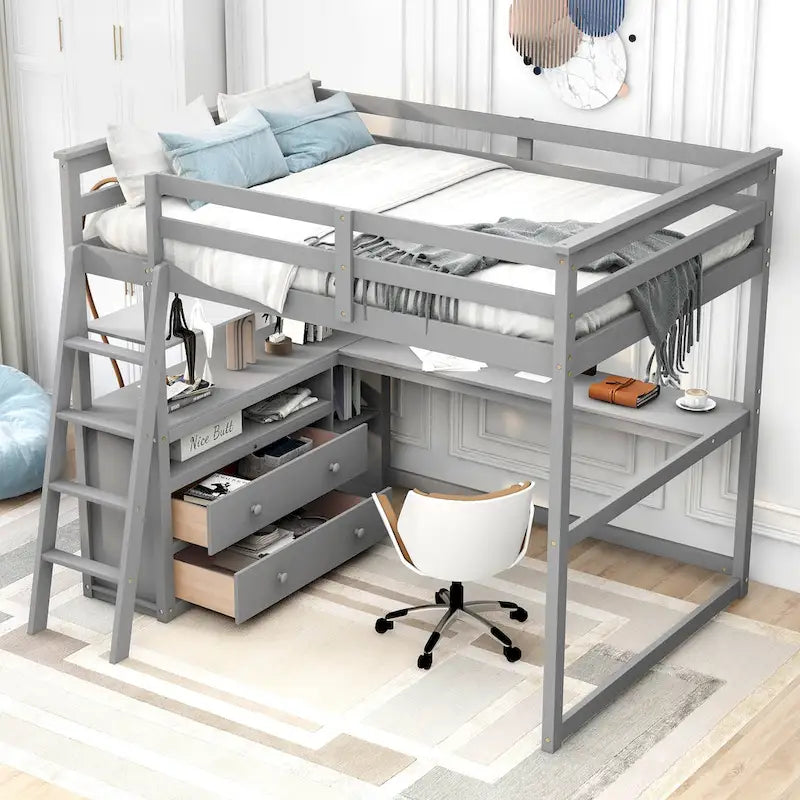 Loft Bed with Desk and Shelves, 2 Built-In Drawers