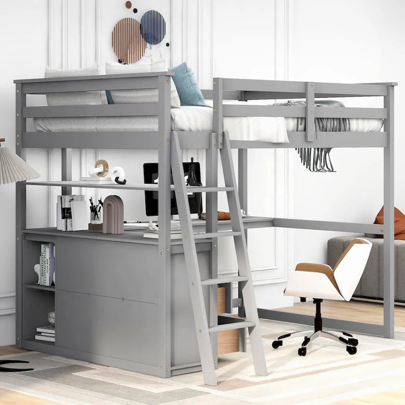 Loft Bed with Desk and Shelves, 2 Built-In Drawers
