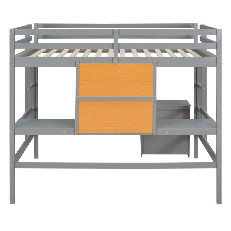Wooden Full size Loft Bed with Desk and Writing Board