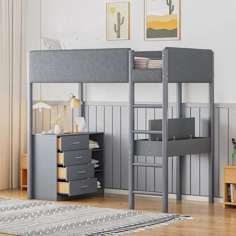 Twin Size Wood and Teddy Fleece Upholstered Loft Bed