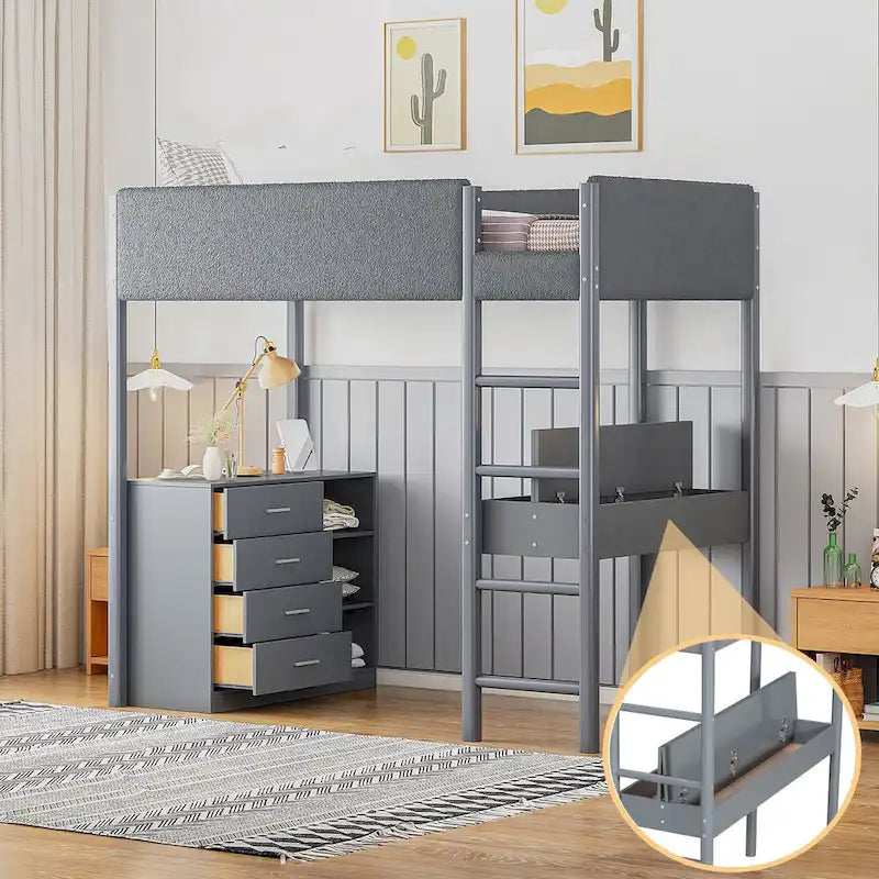 Twin Size Wood and Teddy Fleece Upholstered Loft Bed