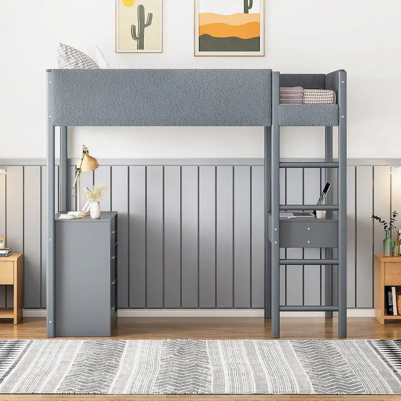 Twin Size Wood and Teddy Fleece Upholstered Loft Bed