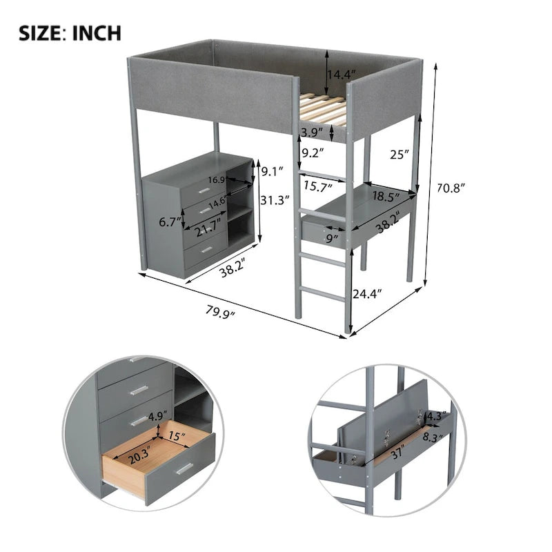 Twin Size Wood and Teddy Fleece Upholstered Loft Bed