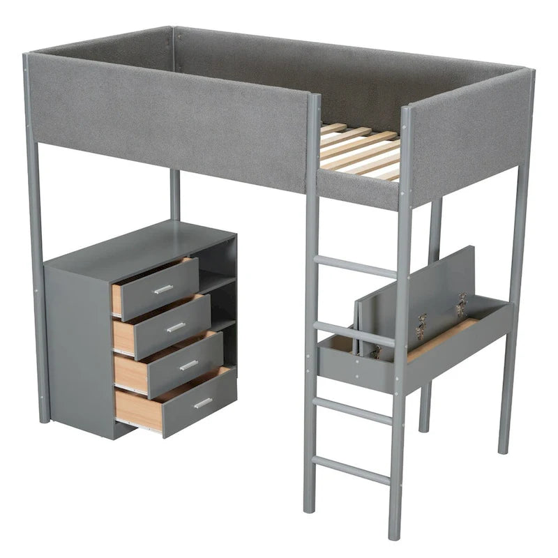 Twin Size Wood and Teddy Fleece Upholstered Loft Bed