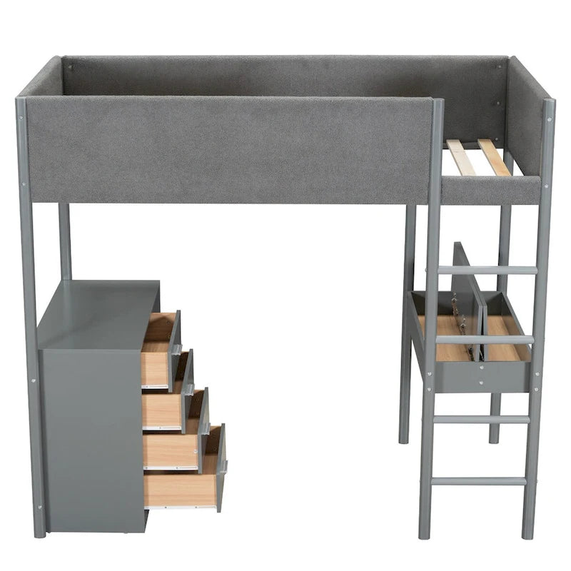 Twin Size Wood and Teddy Fleece Upholstered Loft Bed
