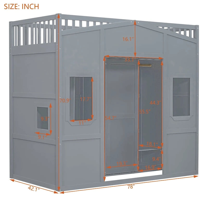 Twin Size House Loft Bed With Ladder and Wardrobe