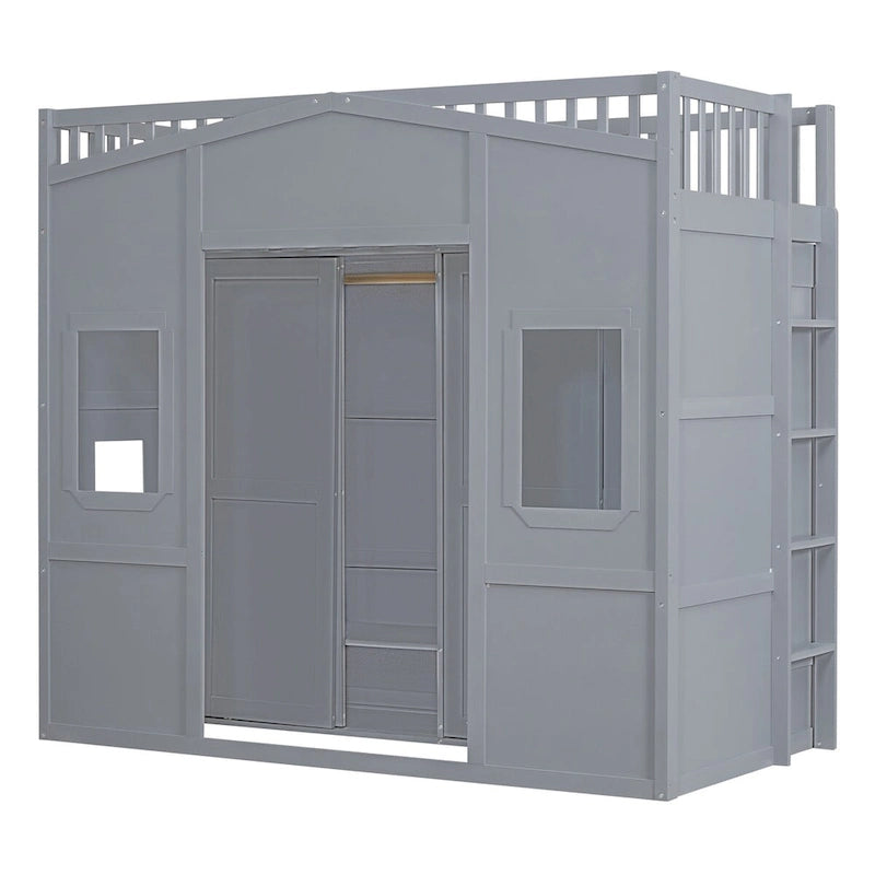 Twin Size House Loft Bed With Ladder and Wardrobe