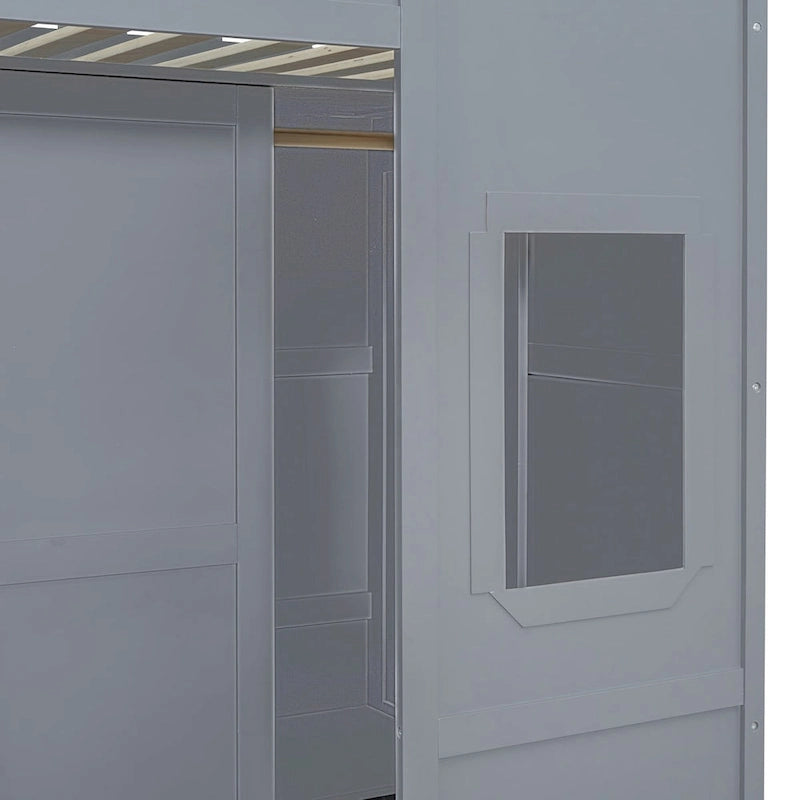Twin Size House Loft Bed With Ladder and Wardrobe