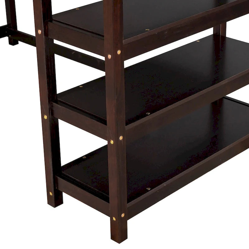 Espresso Solid Wood Loft Bed with Integrated Desk, Storage Shelves, Stable Guardrails