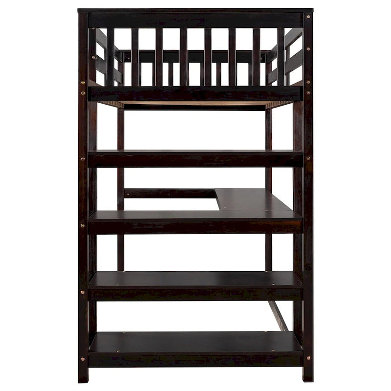 Espresso Solid Wood Loft Bed with Integrated Desk, Storage Shelves, Stable Guardrails
