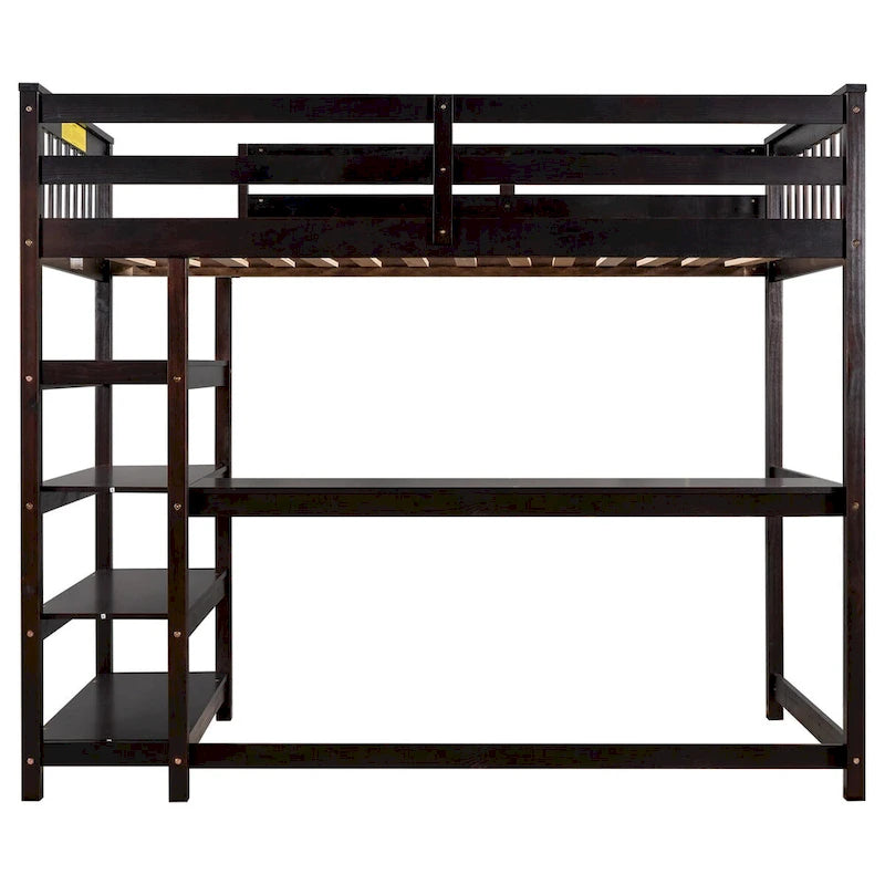 Espresso Solid Wood Loft Bed with Integrated Desk, Storage Shelves, Stable Guardrails