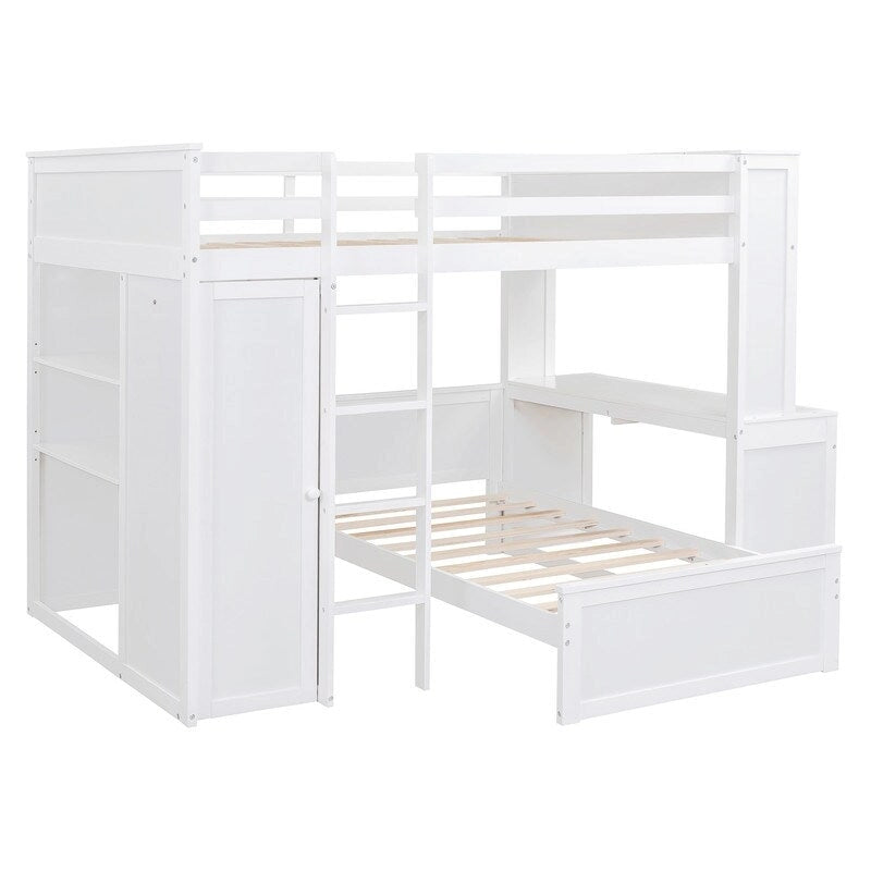 Full size Loft Bed with a twin size Stand-alone bed, Shelves,Desk,and Wardrobe