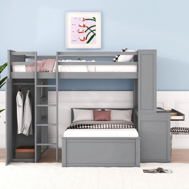 Full size Loft Bed with a twin size Stand-alone bed, Shelves,Desk,and Wardrobe