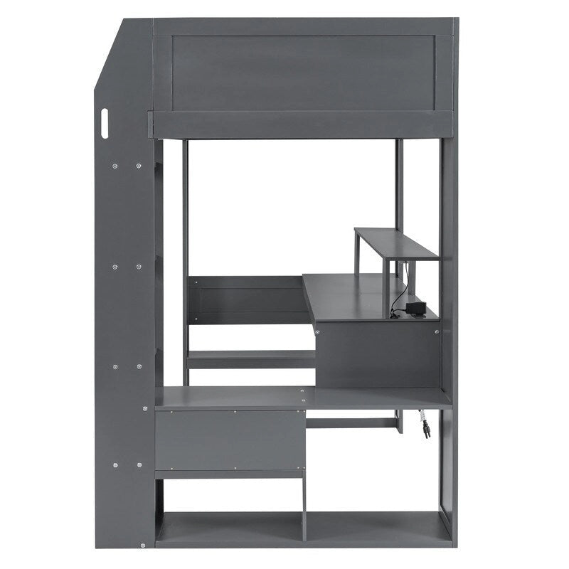 Wood Twin Size Gaming Loft Bed with Desk, Multi-storage Shelves, LED and Charging Station, Dark Gray