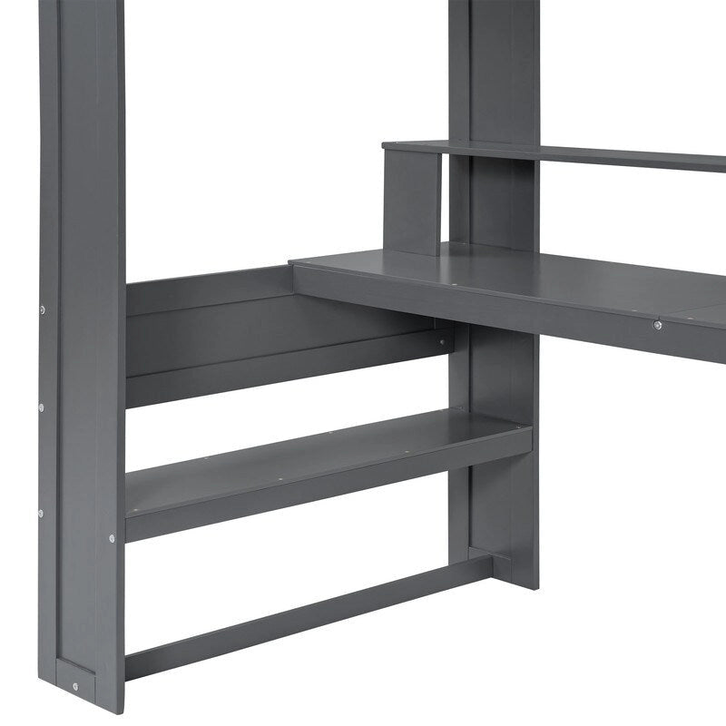 Wood Twin Size Gaming Loft Bed with Desk, Multi-storage Shelves, LED and Charging Station, Dark Gray