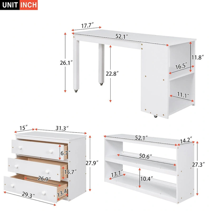 White Pine Wood Multifunctional Loft Bed with Movable Desk, Modular Bookshelf, Chest of Drawers
