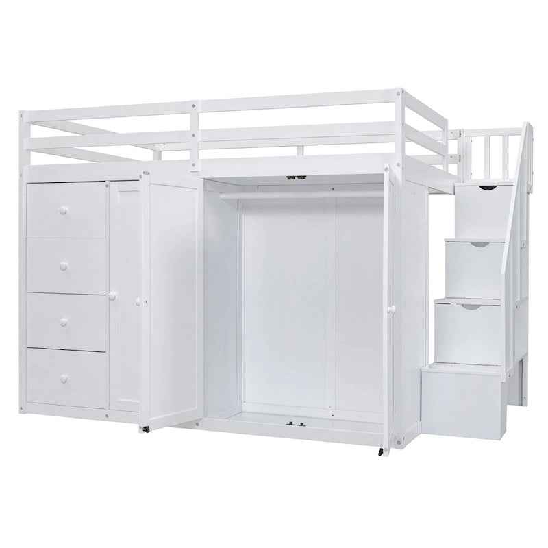 Full Size Wood Loft Bed with Built-in Wardrobes, Cabinets and Drawers