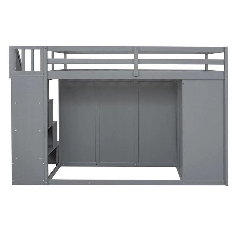 Full Size Wood Loft Bed with Built-in Wardrobes, Cabinets and Drawers