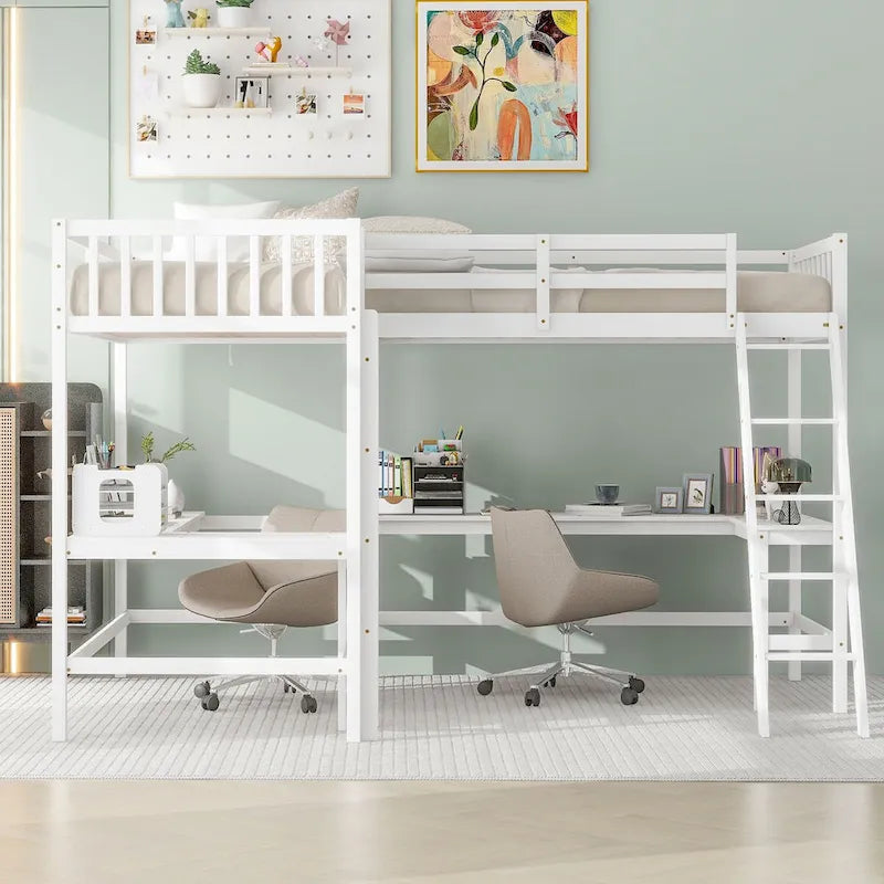 Twin Size L-Shaped Loft Bed Frame for Boys Girls Kids Adults Toddler with Ladder and 2 Built-in L-Shaped Desks
