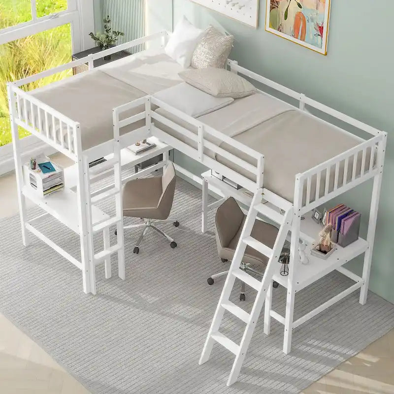 Twin Size L-Shaped Loft Bed Frame for Boys Girls Kids Adults Toddler with Ladder and 2 Built-in L-Shaped Desks