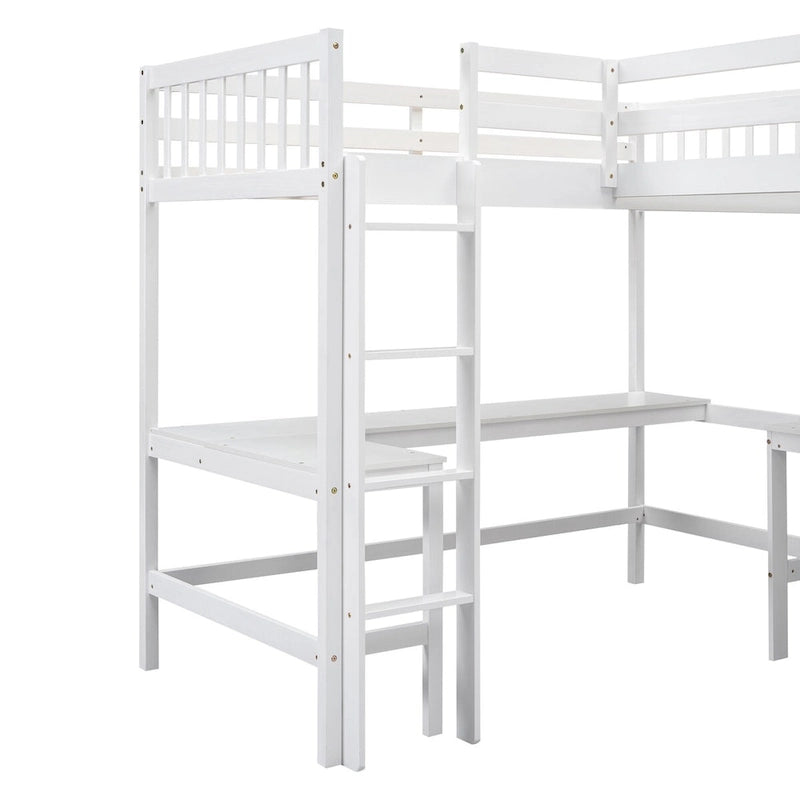 Twin Size L-Shaped Loft Bed Frame for Boys Girls Kids Adults Toddler with Ladder and 2 Built-in L-Shaped Desks