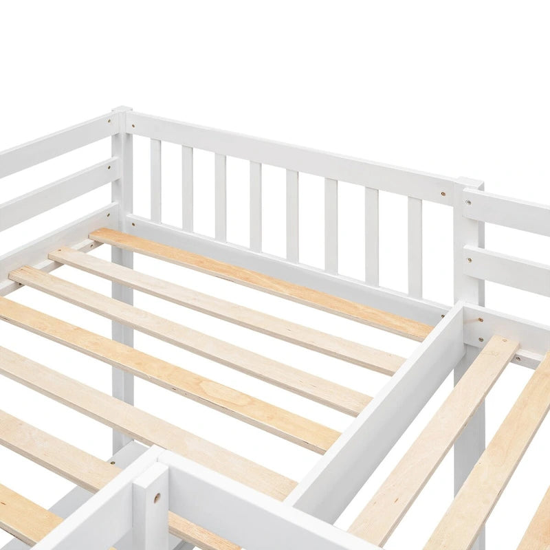 Twin Size L-Shaped Loft Bed Frame for Boys Girls Kids Adults Toddler with Ladder and 2 Built-in L-Shaped Desks