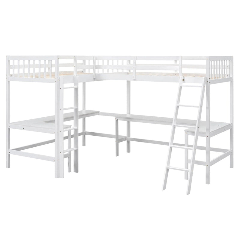 Twin Size L-Shaped Loft Bed Frame for Boys Girls Kids Adults Toddler with Ladder and 2 Built-in L-Shaped Desks