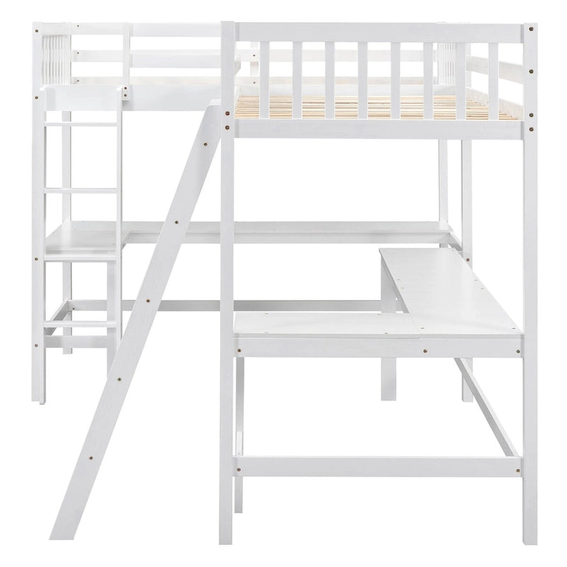 Twin Size L-Shaped Loft Bed Frame for Boys Girls Kids Adults Toddler with Ladder and 2 Built-in L-Shaped Desks