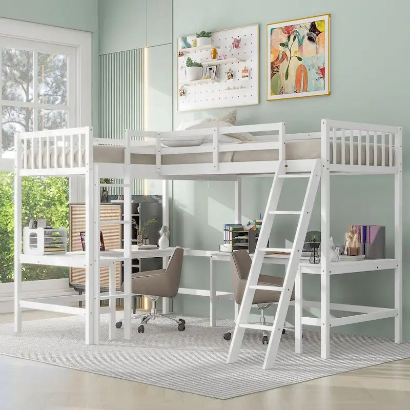 Twin Size L-Shaped Loft Bed Frame for Boys Girls Kids Adults Toddler with Ladder and 2 Built-in L-Shaped Desks