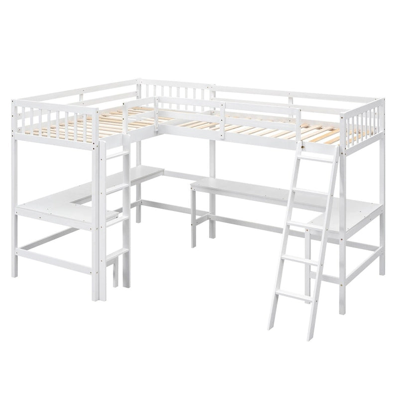 Twin Size L-Shaped Loft Bed Frame for Boys Girls Kids Adults Toddler with Ladder and 2 Built-in L-Shaped Desks