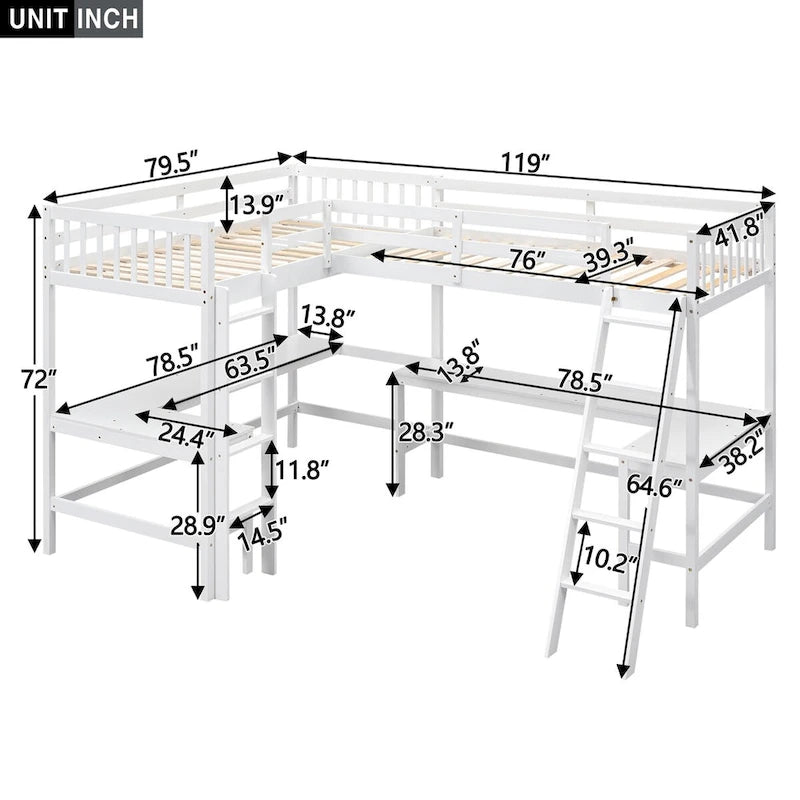 Twin Size L-Shaped Loft Bed Frame for Boys Girls Kids Adults Toddler with Ladder and 2 Built-in L-Shaped Desks