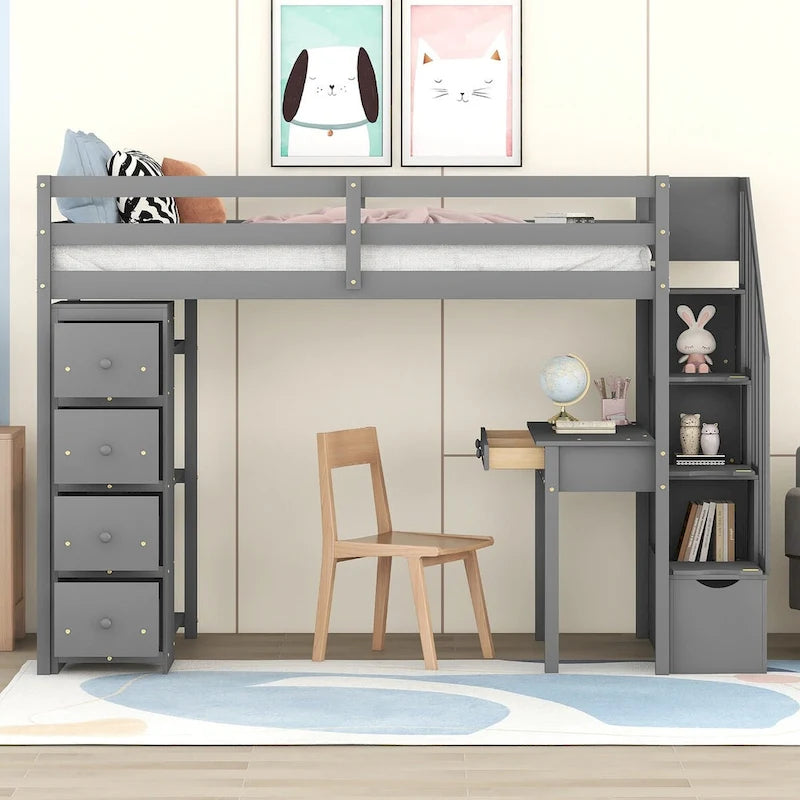 Twin Size Wooden Loft Bed with Storage Drawers, Desk, Storage Stairs, Shelves
