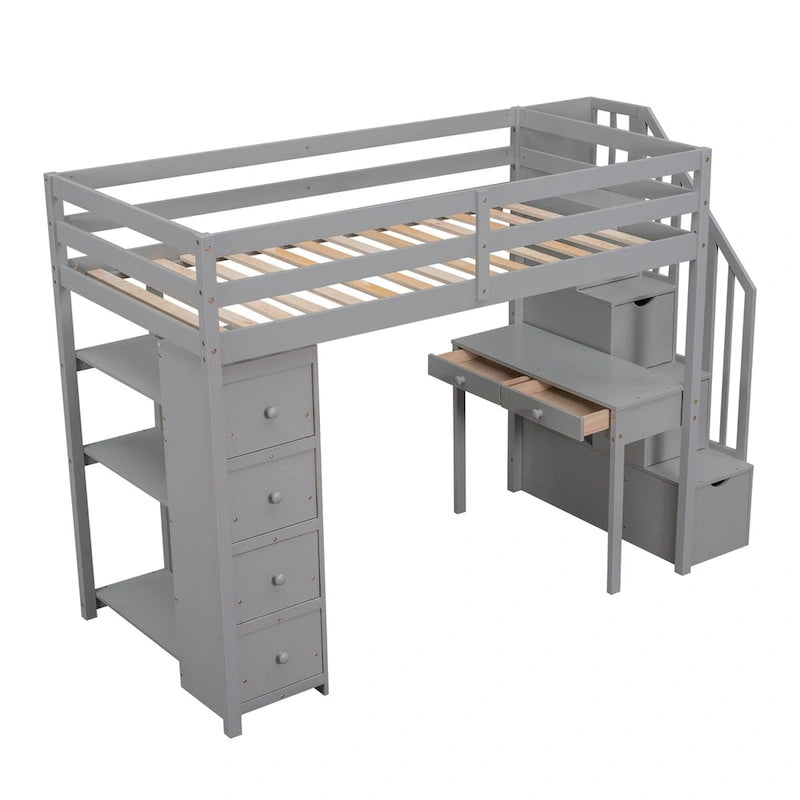 Twin Size Wooden Loft Bed with Storage Drawers, Desk, Storage Stairs, Shelves