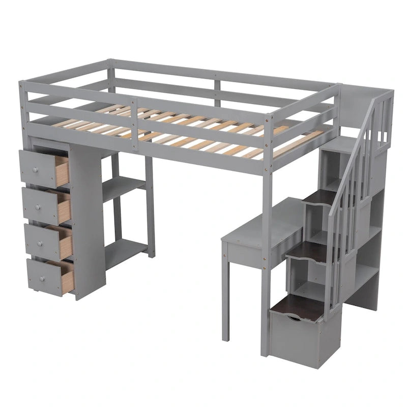 Twin Size Wooden Loft Bed with Storage Drawers, Desk, Storage Stairs, Shelves