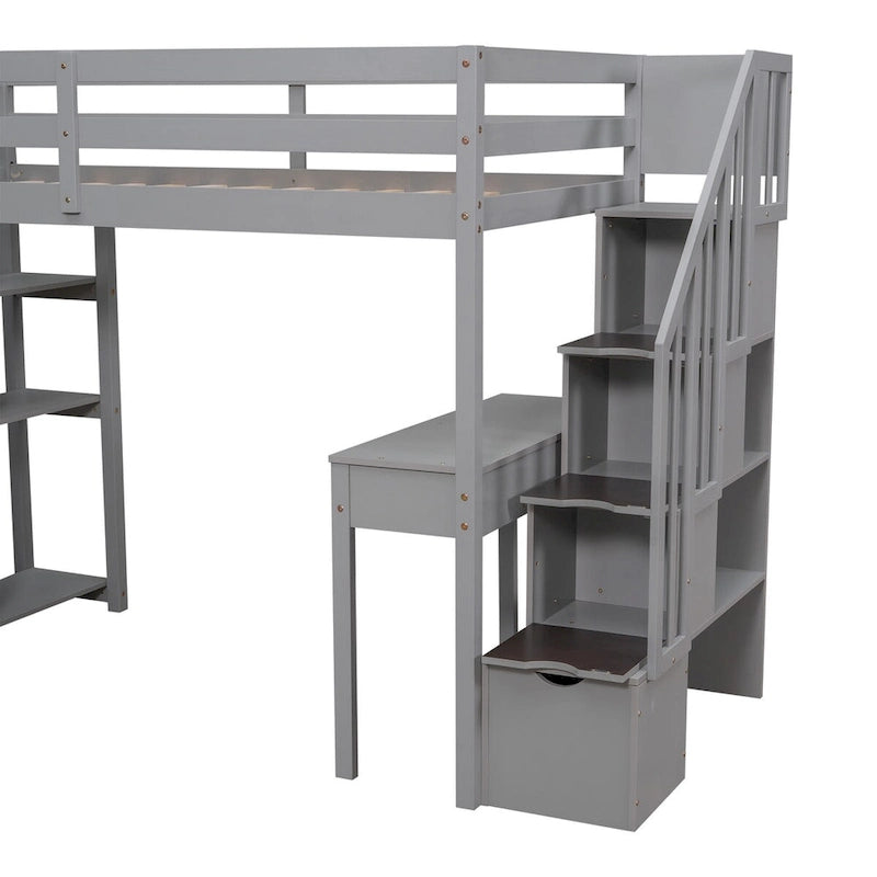 Twin Size Wooden Loft Bed with Storage Drawers, Desk, Storage Stairs, Shelves