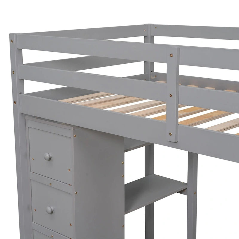 Twin Size Wooden Loft Bed with Storage Drawers, Desk, Storage Stairs, Shelves