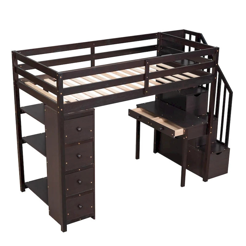 Twin Size Wooden Loft Bed with Storage Drawers, Desk, Storage Stairs, Shelves