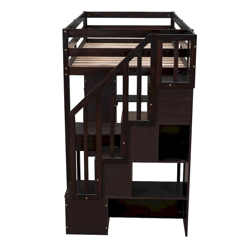 Twin Size Wooden Loft Bed with Storage Drawers, Desk, Storage Stairs, Shelves