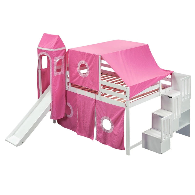 Castle style Loft Bed with Storage Staircase and Slide