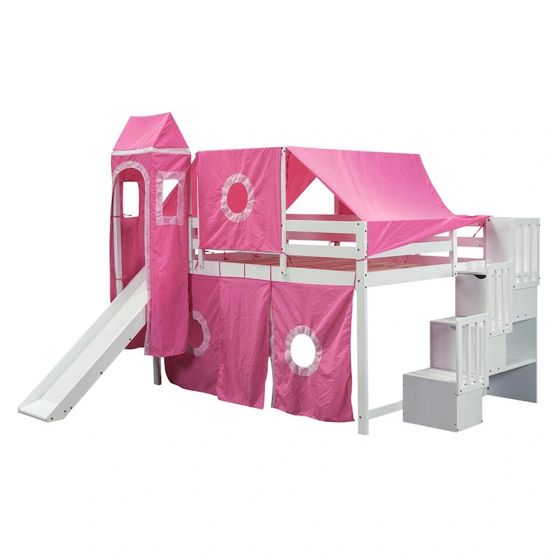 Castle style Loft Bed with Storage Staircase and Slide