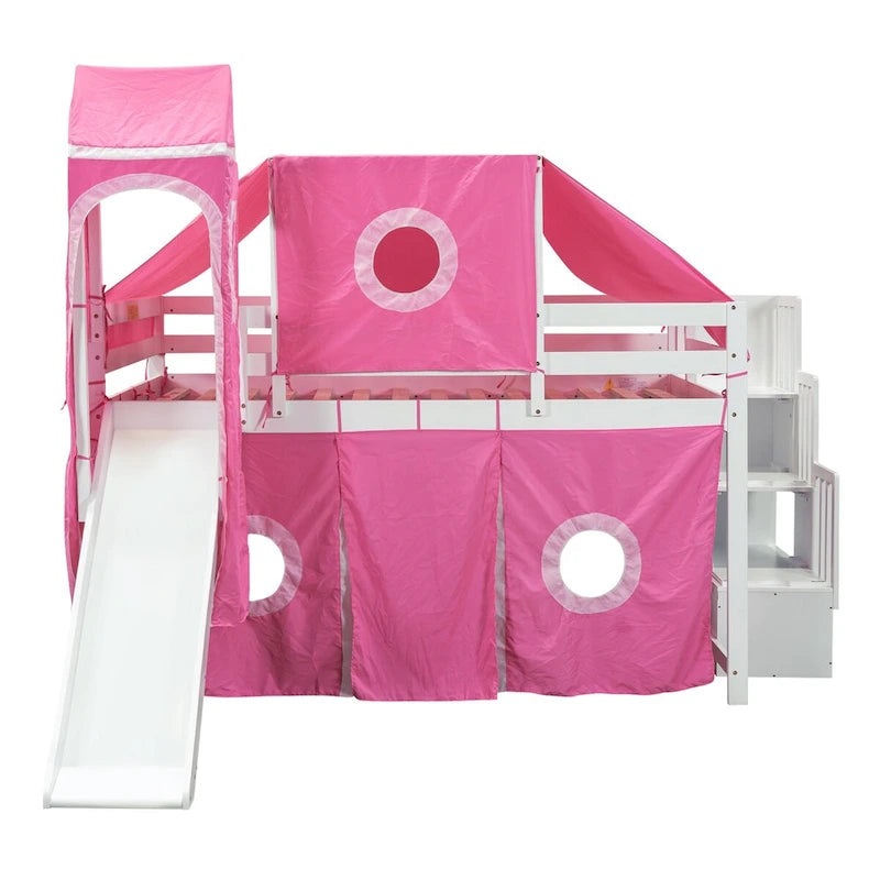 Castle style Loft Bed with Storage Staircase and Slide