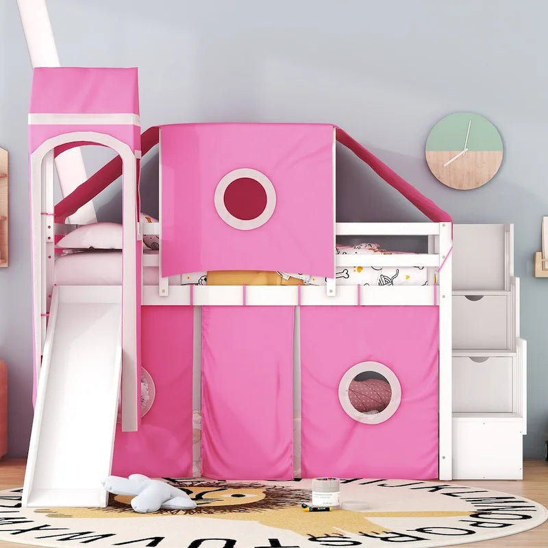 Castle style Loft Bed with Storage Staircase and Slide