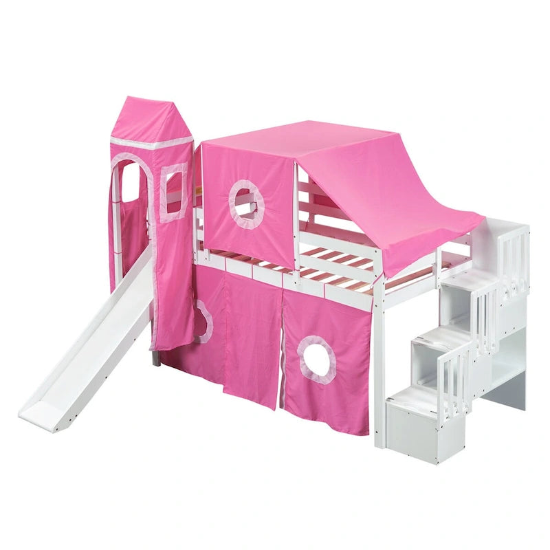 Castle style Loft Bed with Storage Staircase and Slide